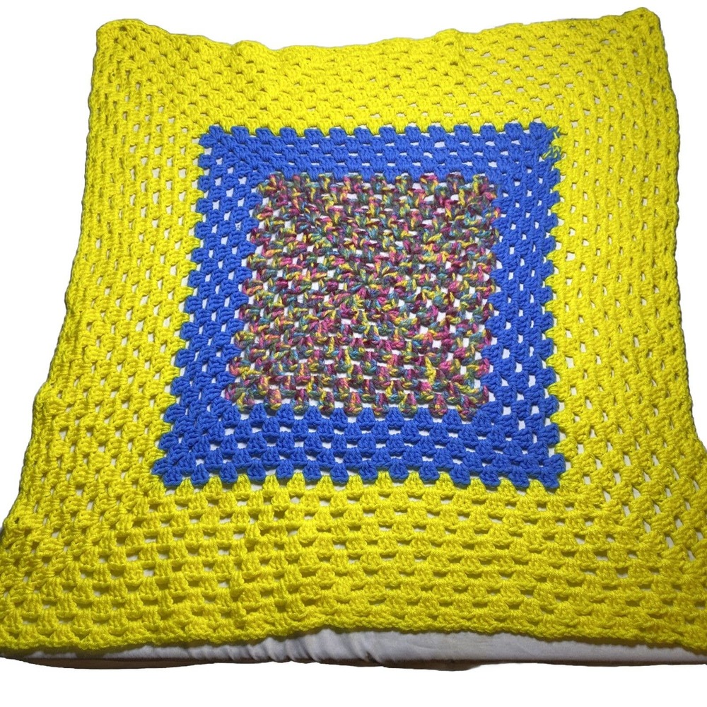 Handmade Crochet‎ Knit Blanket Baby VTG Throw Afghan 33” Square Boho Bright